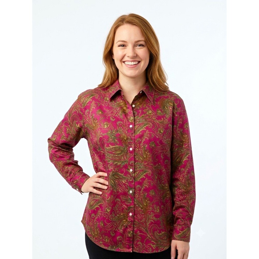 Chaps Womens Top 2X Purple Paisley Non-Iron Cotton Woven Button-Up Long Sleeve